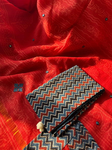 Best Seller -Embroidered pallu & patchwork border- Red kota doria saree - LINES BORDER