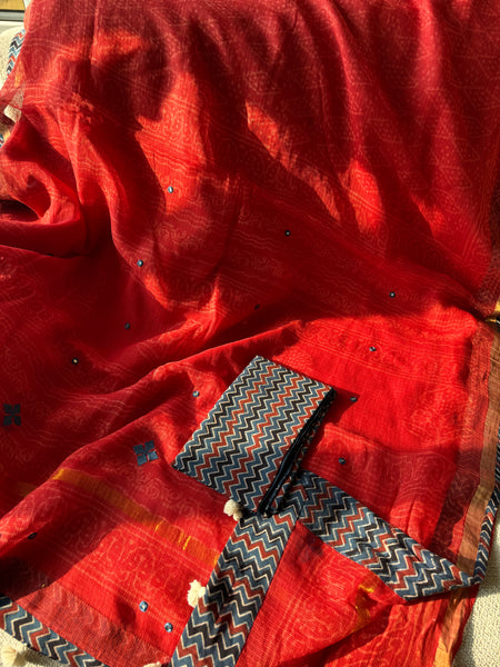 Best Seller -Embroidered pallu & patchwork border- Red kota doria saree - LINES BORDER