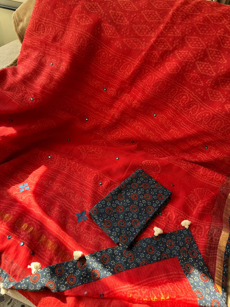 Best Seller -Embroidered pallu & patchwork border- Red kota doria saree - GEOMETRICAL BORDER