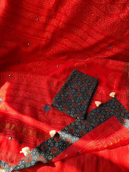 Best Seller - Embroidered pallu & inner side patchwork border- kota doria saree