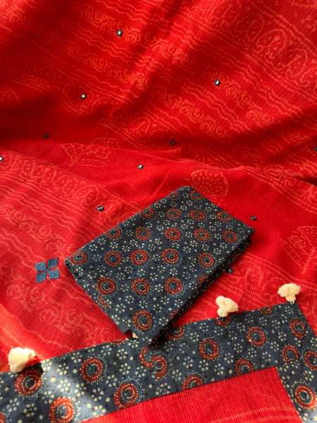 Best Seller -Embroidered pallu & patchwork border- Red kota doria saree - GEOMETRICAL BORDER