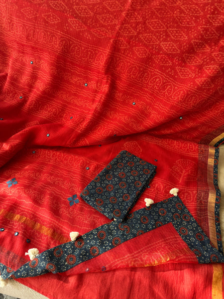 Best Seller -Embroidered pallu & patchwork border- Red kota doria saree - GEOMETRICAL BORDER