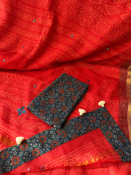 Best Seller -Embroidered pallu & patchwork border- Red kota doria saree - GEOMETRICAL BORDER