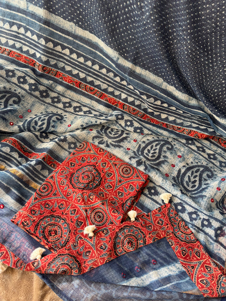 Best Seller Indigo -Embroidered pallu & patchwork border- kota doria saree - GEOMETRICAL BORDER (Copy)