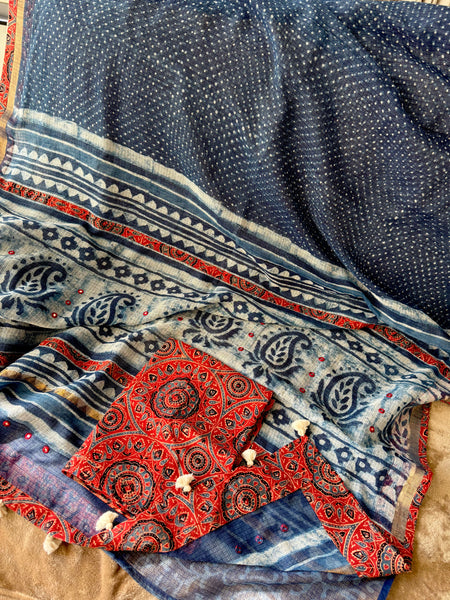 Best Seller Indigo -Embroidered pallu & patchwork border- kota doria saree - GEOMETRICAL BORDER (Copy)