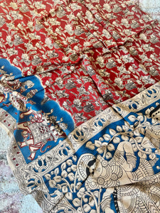 Kalamkari - Printed Bangalore Silk Saree- Blue & Red