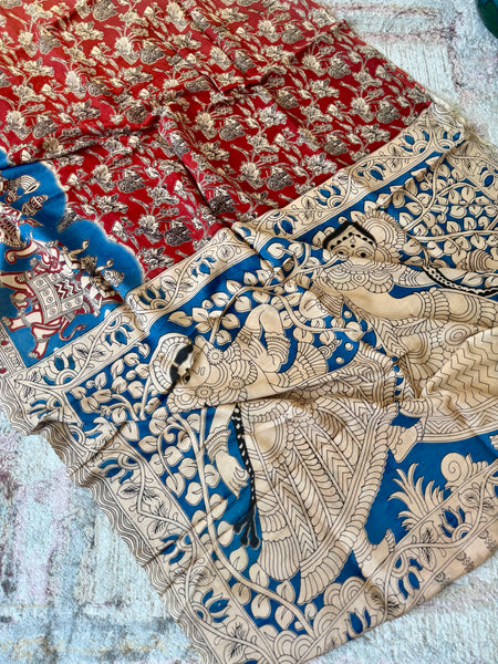Kalamkari - Printed Bangalore Silk Saree- Blue & Red