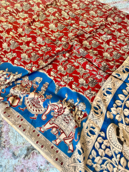 Kalamkari - Printed Bangalore Silk Saree- Blue & Red