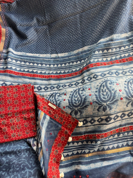 Best Seller Indigo -Embroidered pallu & patchwork border- kota doria saree - GEOMETRICAL BORDER