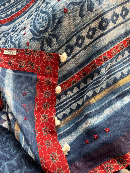 Best Seller Indigo -Embroidered pallu & patchwork border- kota doria saree - GEOMETRICAL BORDER