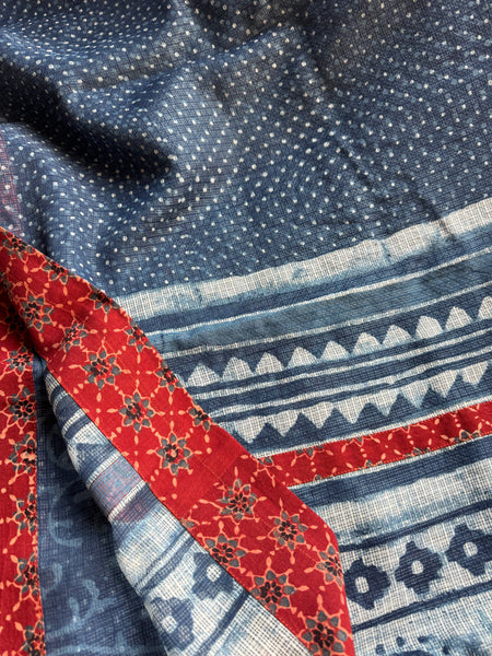 Best Seller Indigo -Embroidered pallu & patchwork border- kota doria saree - GEOMETRICAL BORDER