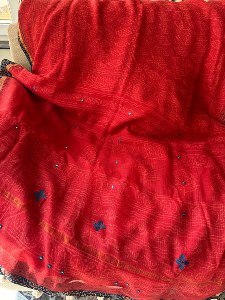 Best Seller -Embroidered pallu & patchwork border- Red kota doria saree - FLORAL BORDER