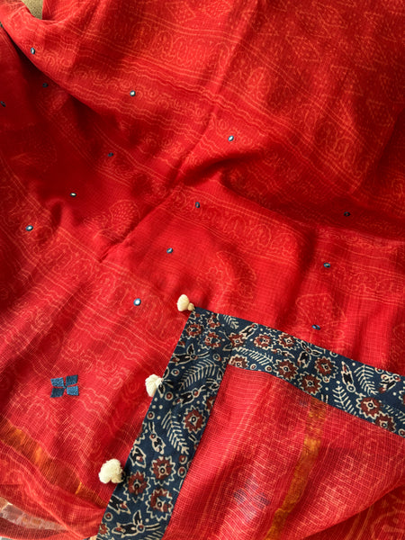 Best Seller -Embroidered pallu & patchwork border- Red kota doria saree - FLORAL BORDER