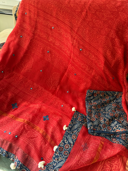 Best Seller -Embroidered pallu & patchwork border- Red kota doria saree - FLORAL BORDER