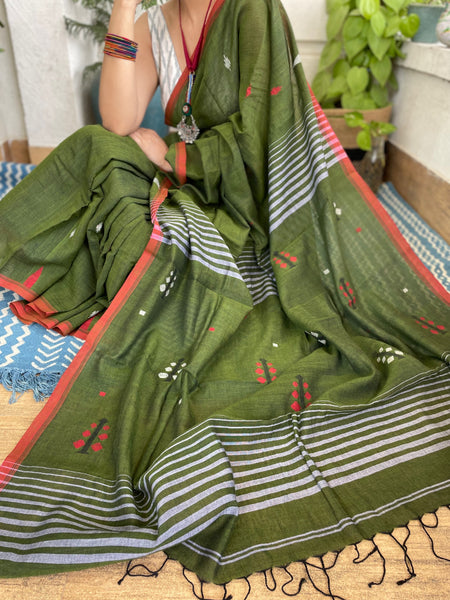 ताना-बाना- Cotton Handwoven Jamdani Saree - Green