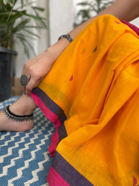 ताना-बाना- Cotton Handwoven Jamdani Saree - Mustard yellow