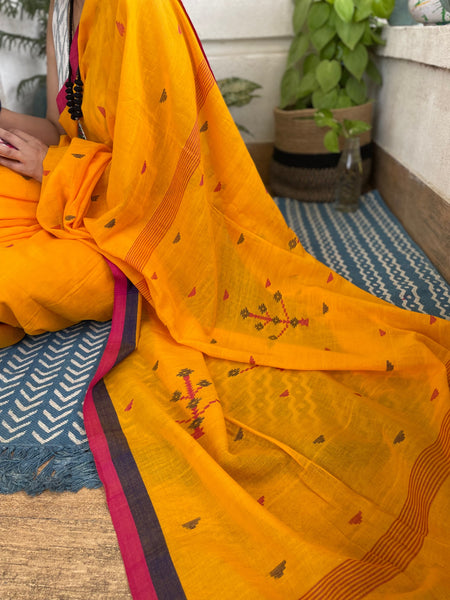ताना-बाना- Cotton Handwoven Jamdani Saree - Mustard yellow