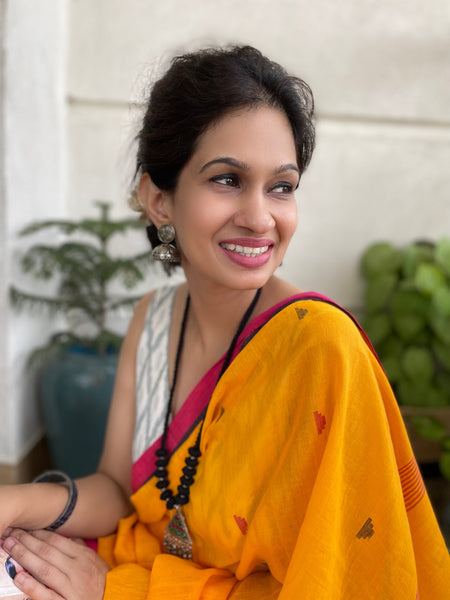 ताना-बाना- Cotton Handwoven Jamdani Saree - Mustard yellow