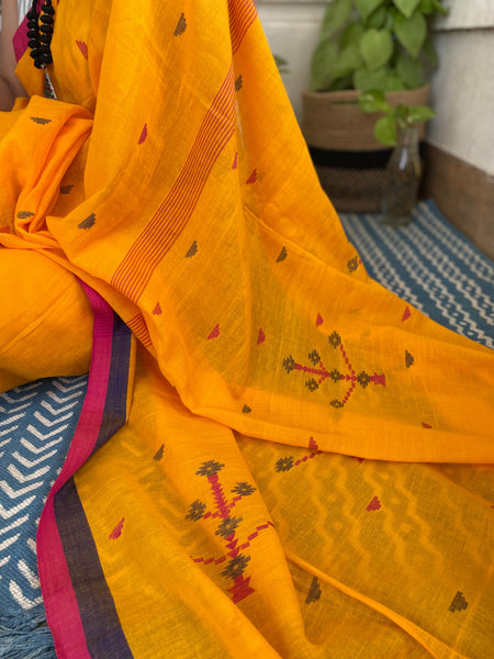 ताना-बाना- Cotton Handwoven Jamdani Saree - Mustard yellow