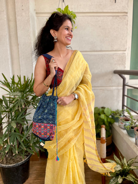 Handloom Linen yellow saree