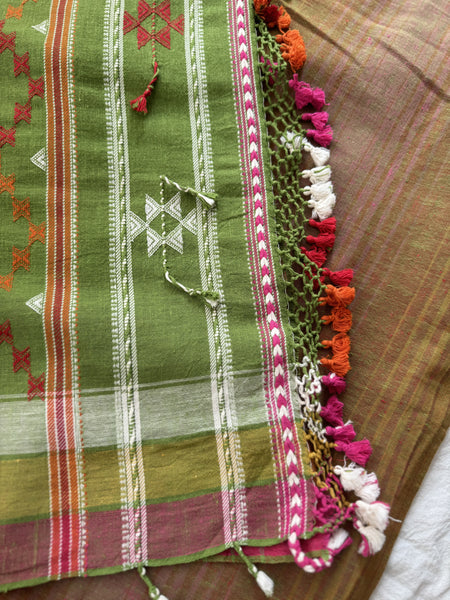Bhujodi saree - Organic Kala Cotton - green & pink