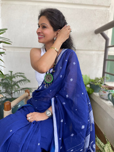 ताना-बाना- Cotton Handwoven Jamdani Saree - BLUE