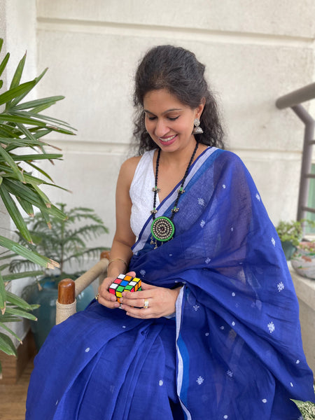 ताना-बाना- Cotton Handwoven Jamdani Saree - BLUE