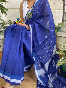 ताना-बाना- Cotton Handwoven Jamdani Saree - BLUE