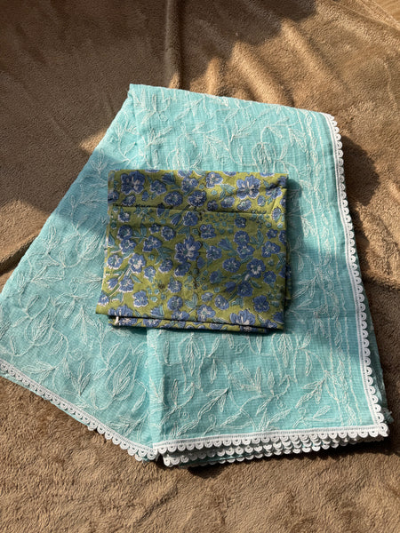 Chikankari Tepchi Hand Embroidered Kota Cotton Saree - Sky Blue