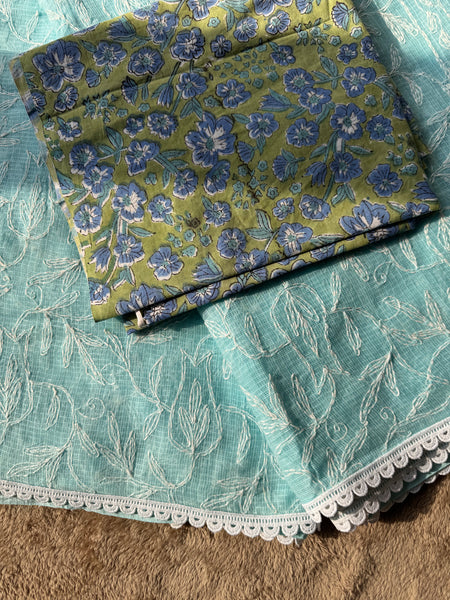 Chikankari Tepchi Hand Embroidered Kota Cotton Saree - Sky Blue