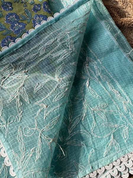Chikankari Tepchi Hand Embroidered Kota Cotton Saree - Sky Blue