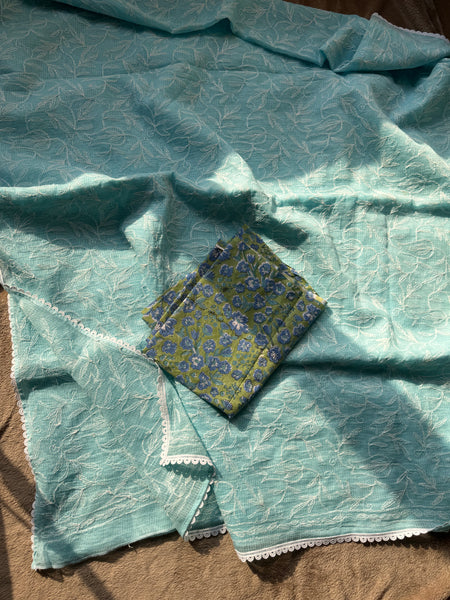 Chikankari Tepchi Hand Embroidered Kota Cotton Saree - Sky Blue