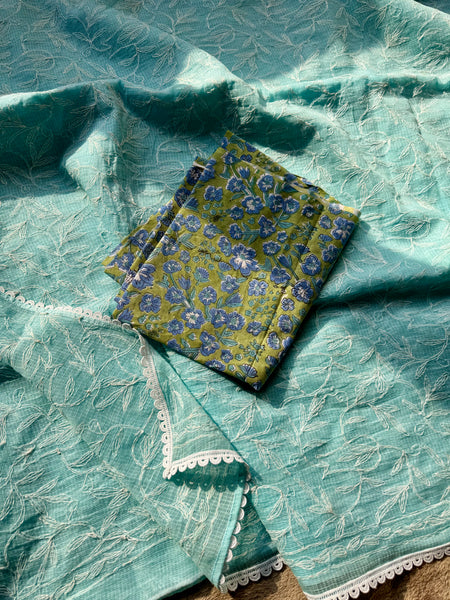 Chikankari Tepchi Hand Embroidered Kota Cotton Saree - Sky Blue
