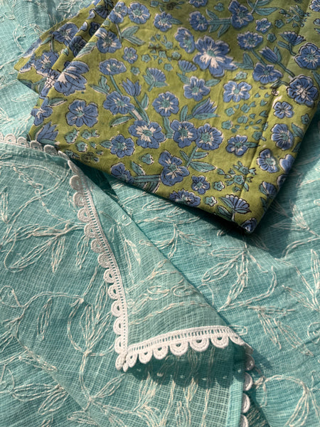 Chikankari Tepchi Hand Embroidered Kota Cotton Saree - Sky Blue