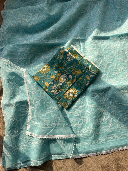 Chikankari Tepchi Hand Embroidered Kota Cotton Saree - Blue