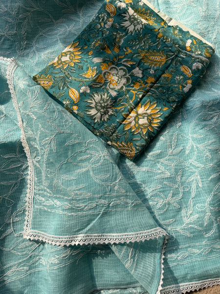 Chikankari Tepchi Hand Embroidered Kota Cotton Saree - Blue