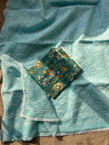Chikankari Tepchi Hand Embroidered Kota Cotton Saree - Blue