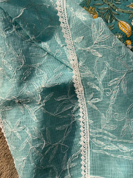 Chikankari Tepchi Hand Embroidered Kota Cotton Saree - Blue