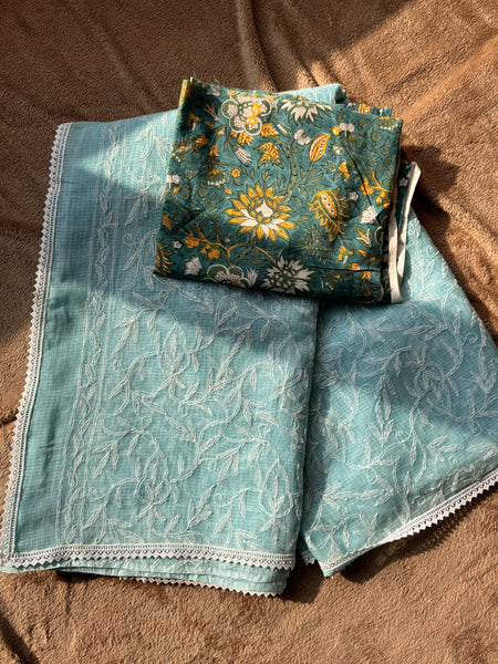 Chikankari Tepchi Hand Embroidered Kota Cotton Saree - Blue
