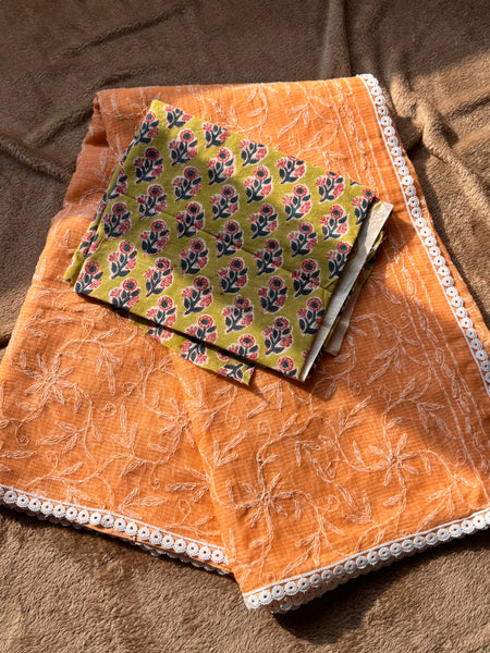 Chikankari Tepchi Hand Embroidered Kota Cotton Saree - Peach