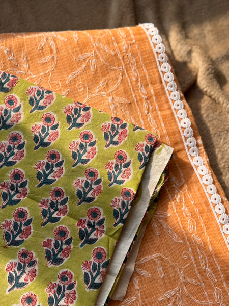 Chikankari Tepchi Hand Embroidered Kota Cotton Saree - Peach