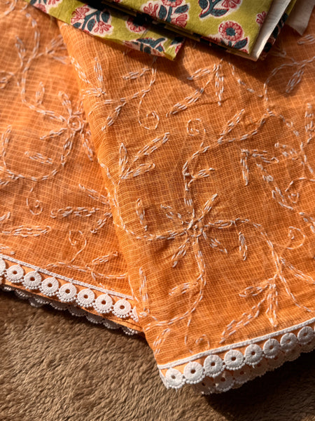 Chikankari Tepchi Hand Embroidered Kota Cotton Saree - Peach