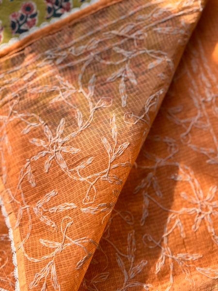 Chikankari Tepchi Hand Embroidered Kota Cotton Saree - Peach