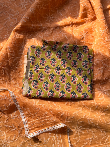 Chikankari Tepchi Hand Embroidered Kota Cotton Saree - Peach