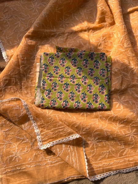 Chikankari Tepchi Hand Embroidered Kota Cotton Saree - Peach