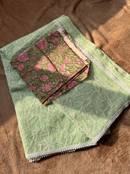 Chikankari Tepchi Hand Embroidered Kota Cotton Saree -Mint Green