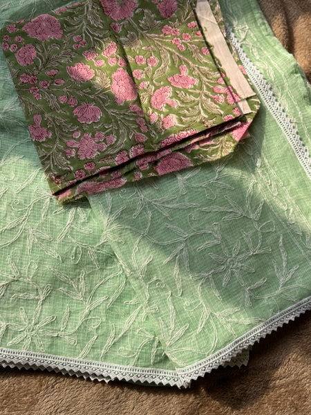 Chikankari Tepchi Hand Embroidered Kota Cotton Saree -Mint Green