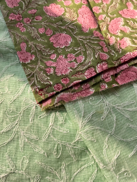 Chikankari Tepchi Hand Embroidered Kota Cotton Saree -Mint Green