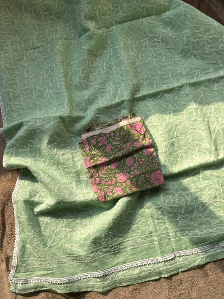 Chikankari Tepchi Hand Embroidered Kota Cotton Saree -Mint Green