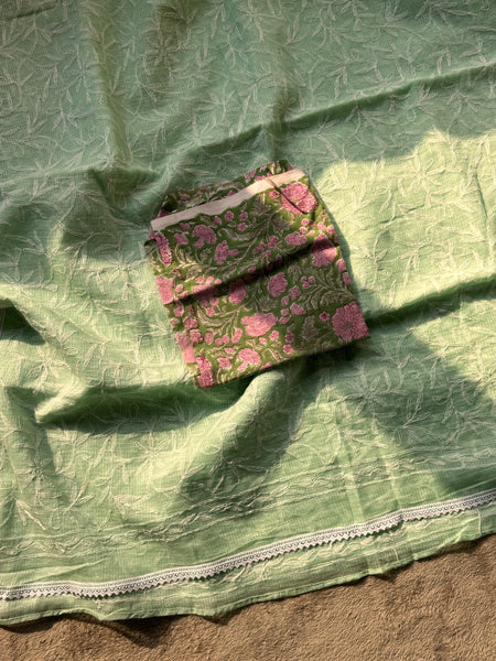 Chikankari Tepchi Hand Embroidered Kota Cotton Saree -Mint Green